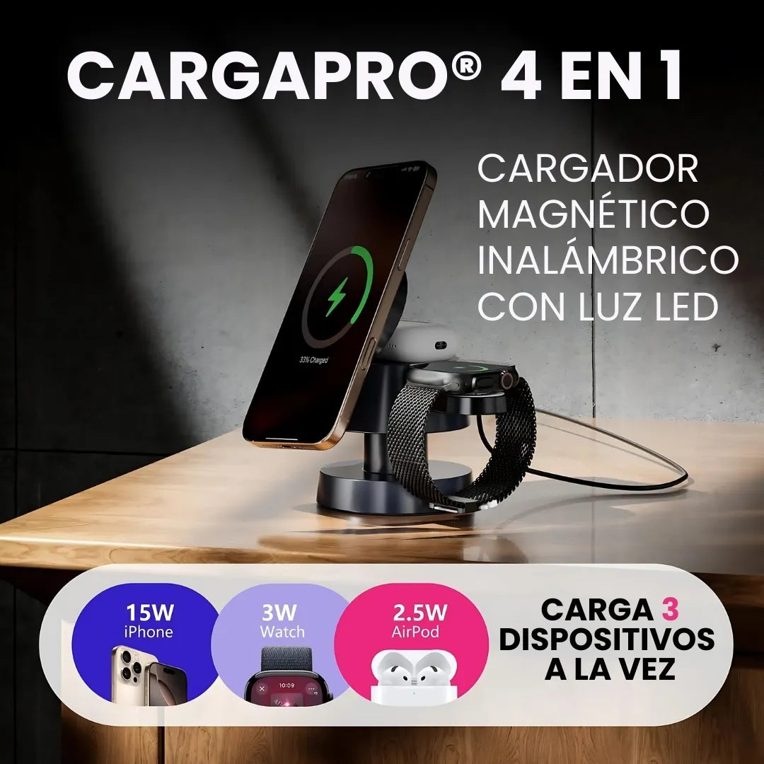 CARGAPRO® 4EN1 - CARGADOR UNIVERSAL MAGNETICO DE 3 PUESTOS CON LUZ LED, CARGA: MOVIL, WATCH, AIRPOD