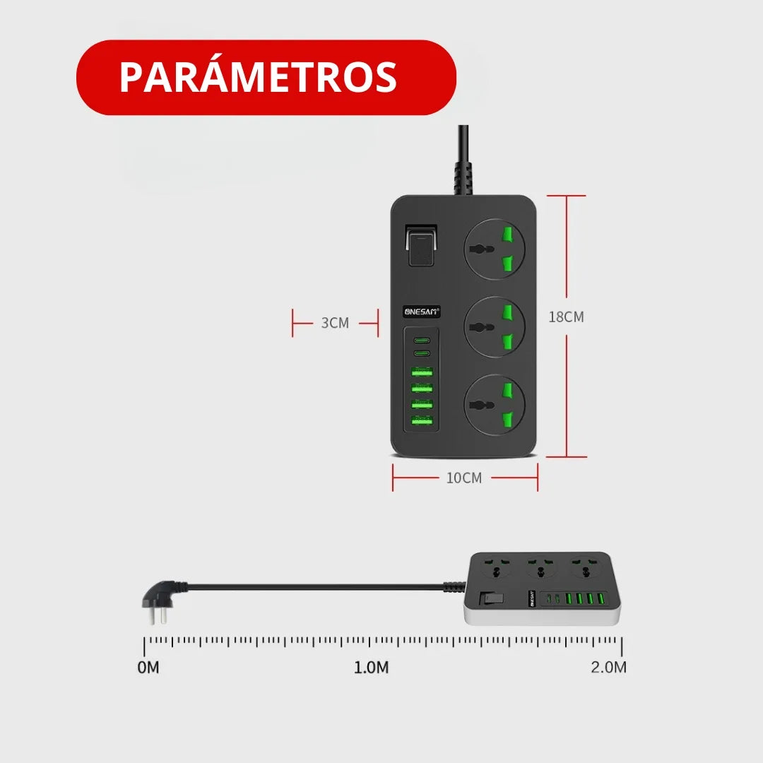 PLUGVOLT® MULTITOMA PORTATIL 2500W 8 ENTRADAS 4 PUERTOS USB MULTIFUNCIONAL Y UNIVERSAL