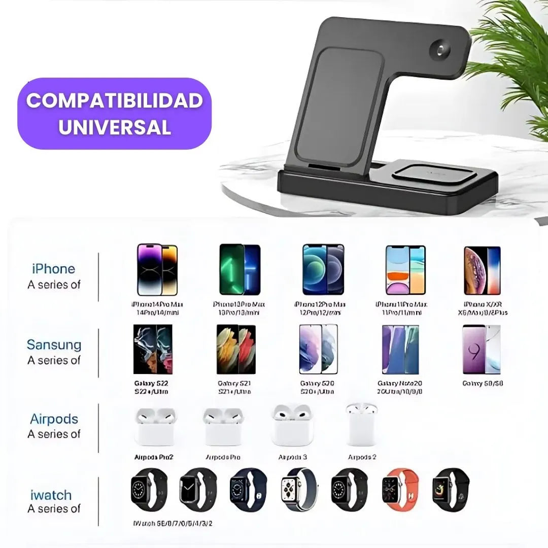AGILITYPRO® CARGADOR INALAMBRICO MAGNETICO 3 EN 1, CARGA CELULAR, AIRPODS Y SMARTWATCH
