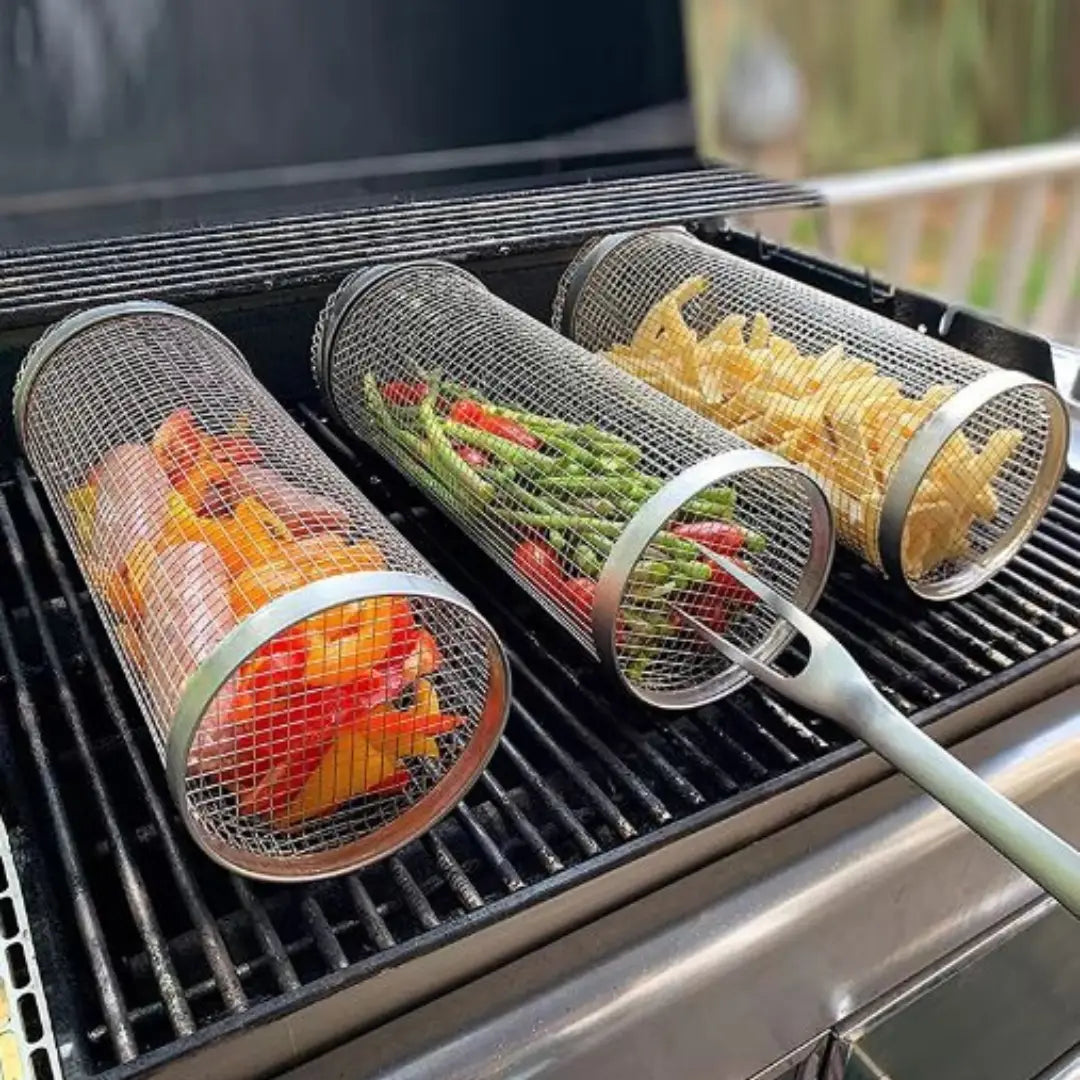 BBQ MAX® X2 JAULA GIRATORIA PARA ASADOS DE ACERO INOXIDABLE  + PINZA Y GANCHO ANTIQUEMADURAS