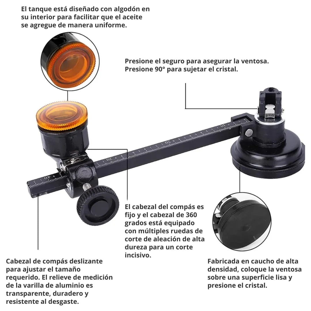 CORTVID®  CORTADOR DE VIDRIO CIRCULAR CON VENTOSA Y CALIBRE DE BRUJULA