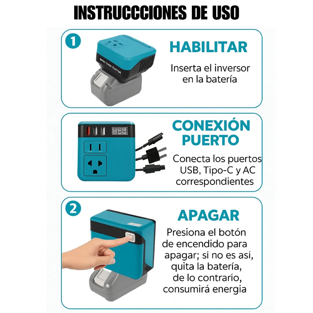 VOLTGO® INVERSOR PORTATIL PARA BATERIAS DE LITIO 120V/220W