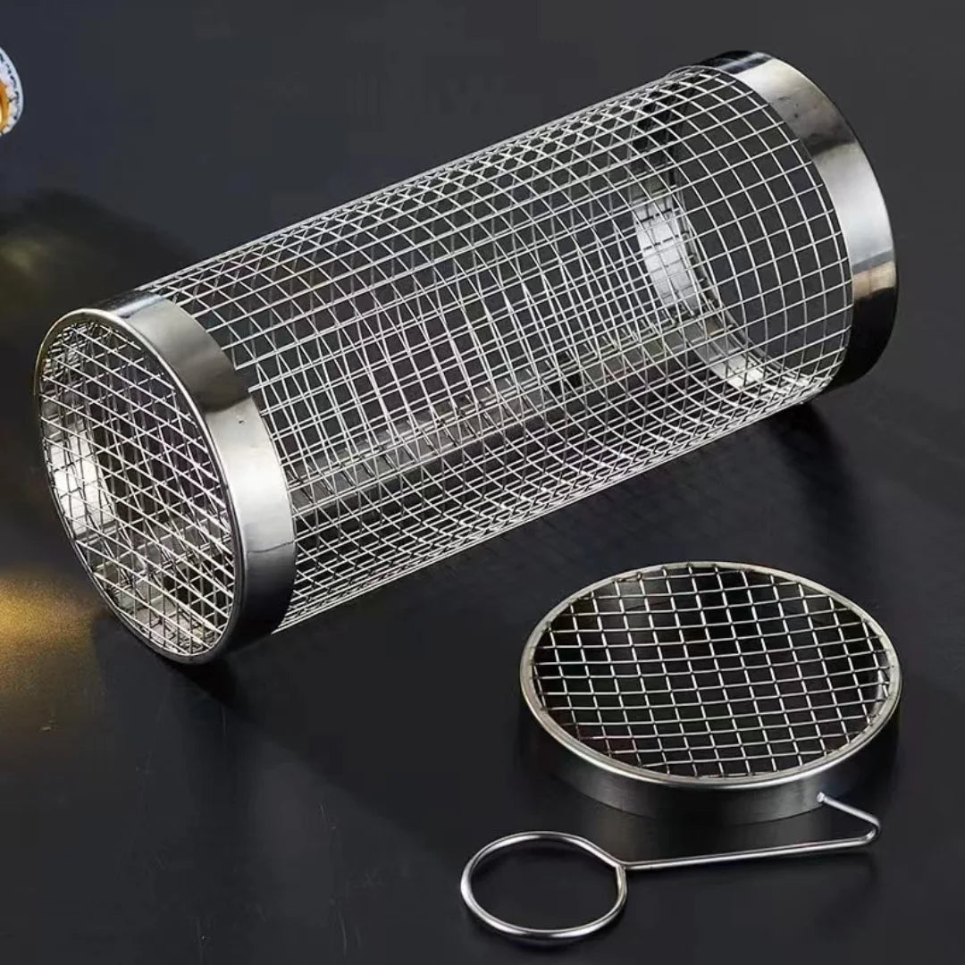 BBQ MAX® X2 JAULA GIRATORIA PARA ASADOS DE ACERO INOXIDABLE  + PINZA Y GANCHO ANTIQUEMADURAS