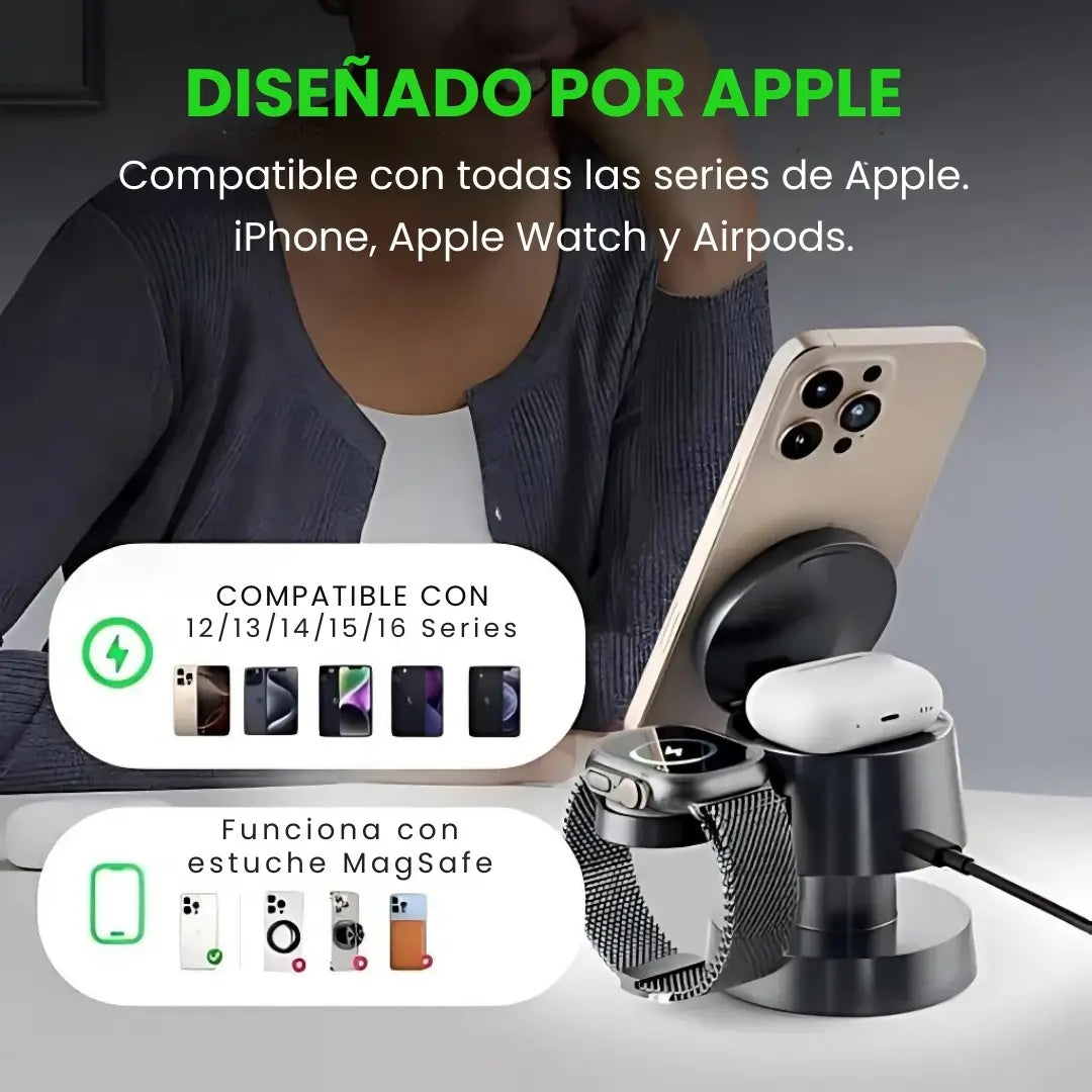 CARGAPRO® 4EN1 - CARGADOR UNIVERSAL MAGNETICO DE 3 PUESTOS CON LUZ LED, CARGA: MOVIL, WATCH, AIRPOD