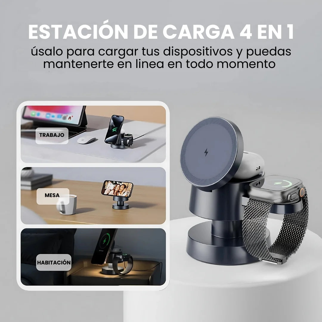 CARGAPRO® 4EN1 - CARGADOR UNIVERSAL MAGNETICO DE 3 PUESTOS CON LUZ LED, CARGA: MOVIL, WATCH, AIRPOD