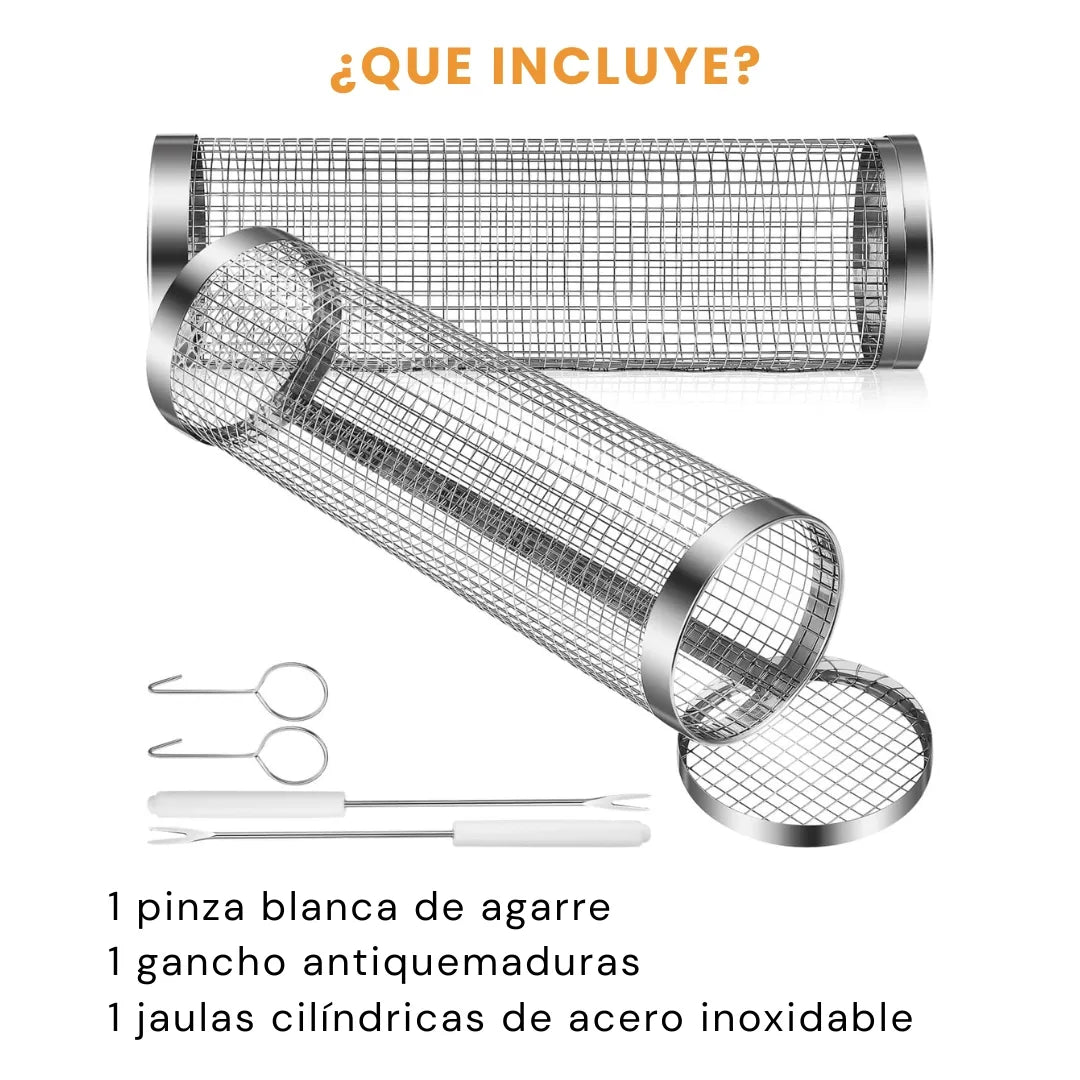 BBQ MAX® X2 JAULA GIRATORIA PARA ASADOS DE ACERO INOXIDABLE  + PINZA Y GANCHO ANTIQUEMADURAS