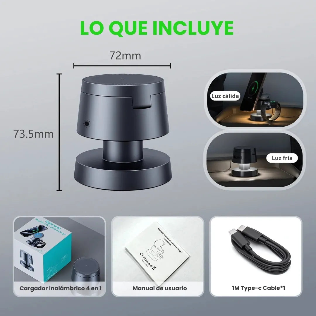 CARGAPRO® 4EN1 - CARGADOR UNIVERSAL MAGNETICO DE 3 PUESTOS CON LUZ LED, CARGA: MOVIL, WATCH, AIRPOD
