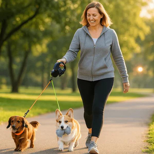 DUOPET® CORREA RETRÁCTIL: pasea 2 perros, sin enredos, con luz y bolsas siempre a mano