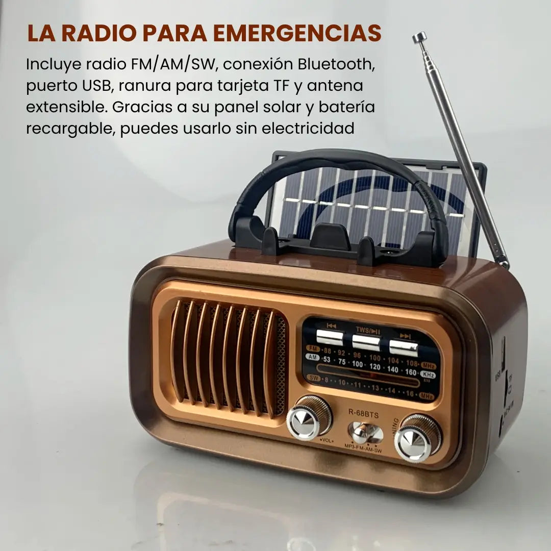 RETROSONIC® RADIO PARLANTE DE CARGA SOLAR Y BLUETOOTH TWS ESTILO VINTAGE RETRO