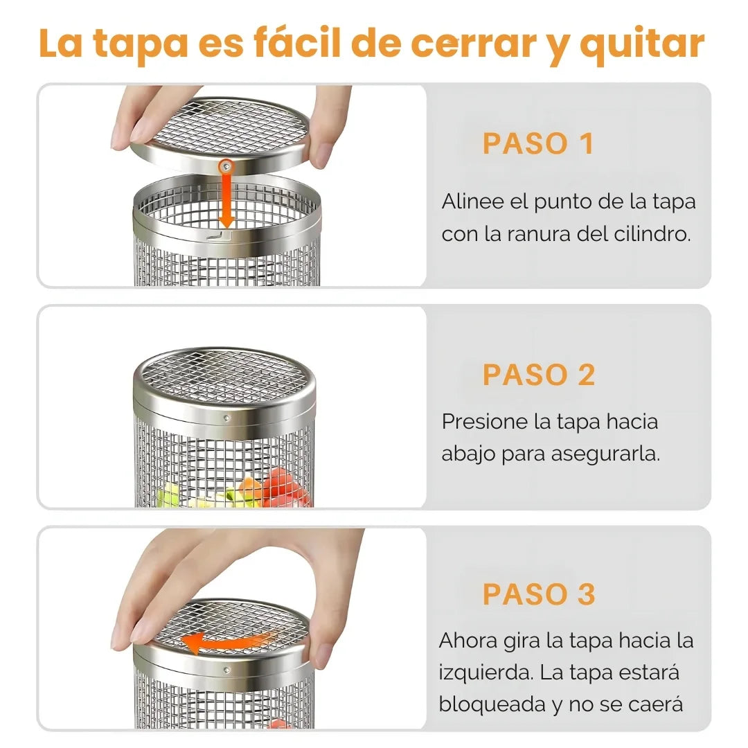 BBQ MAX® X2 JAULA GIRATORIA PARA ASADOS DE ACERO INOXIDABLE  + PINZA Y GANCHO ANTIQUEMADURAS