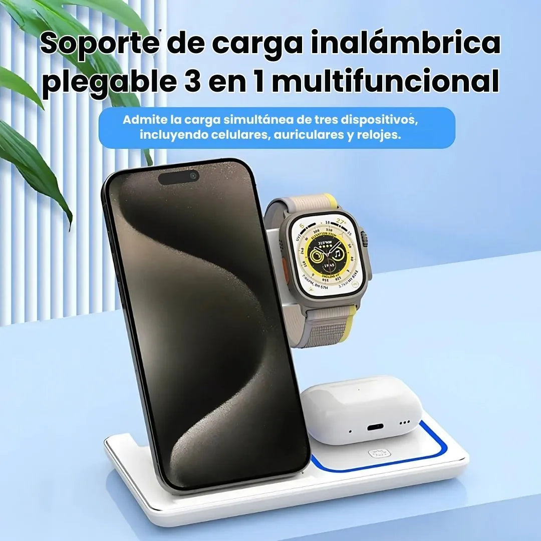 AGILITYPRO® CARGADOR INALAMBRICO MAGNETICO 3 EN 1, CARGA CELULAR, AIRPODS Y SMARTWATCH