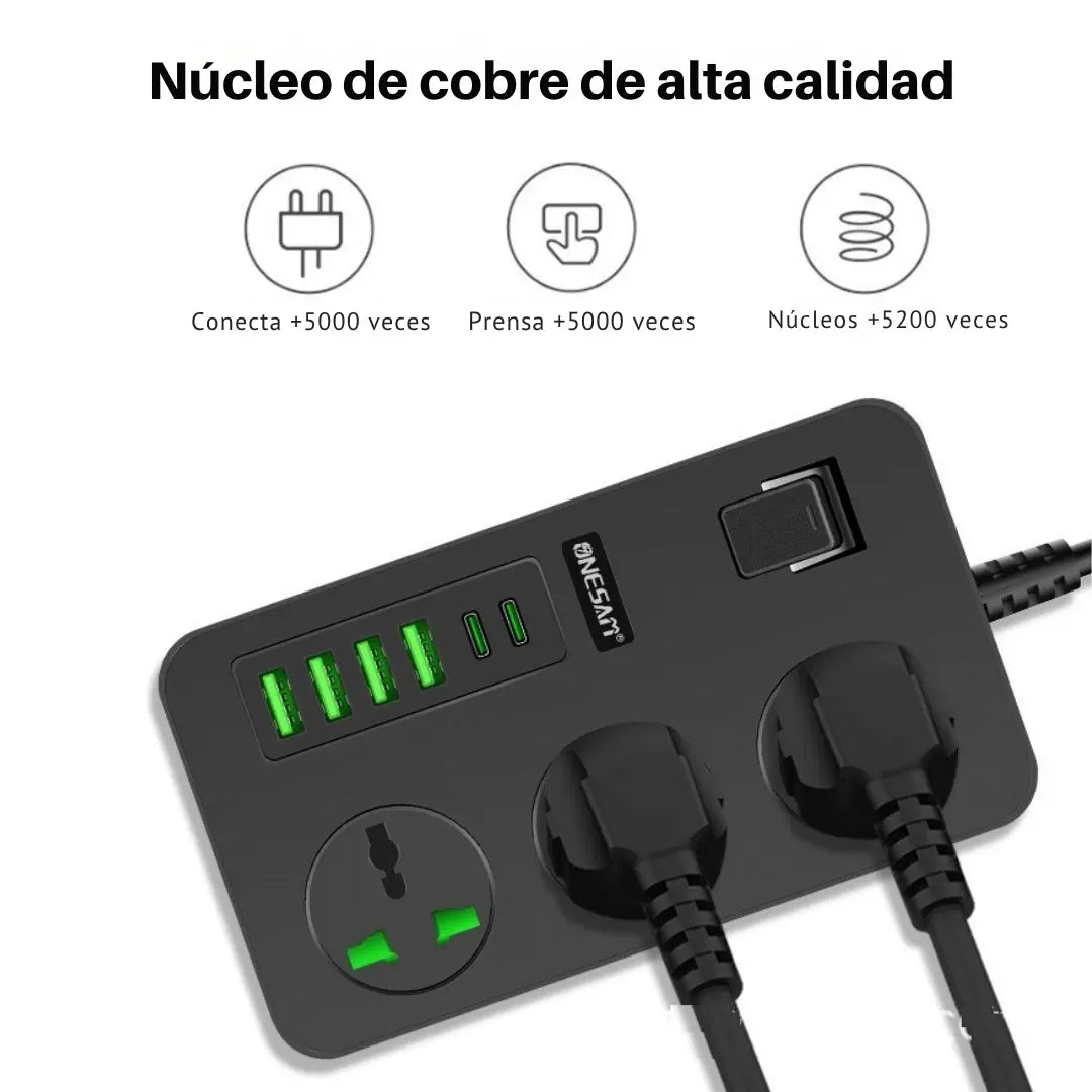 PLUGVOLT® MULTITOMA PORTATIL 2500W 8 ENTRADAS 4 PUERTOS USB MULTIFUNCIONAL Y UNIVERSAL