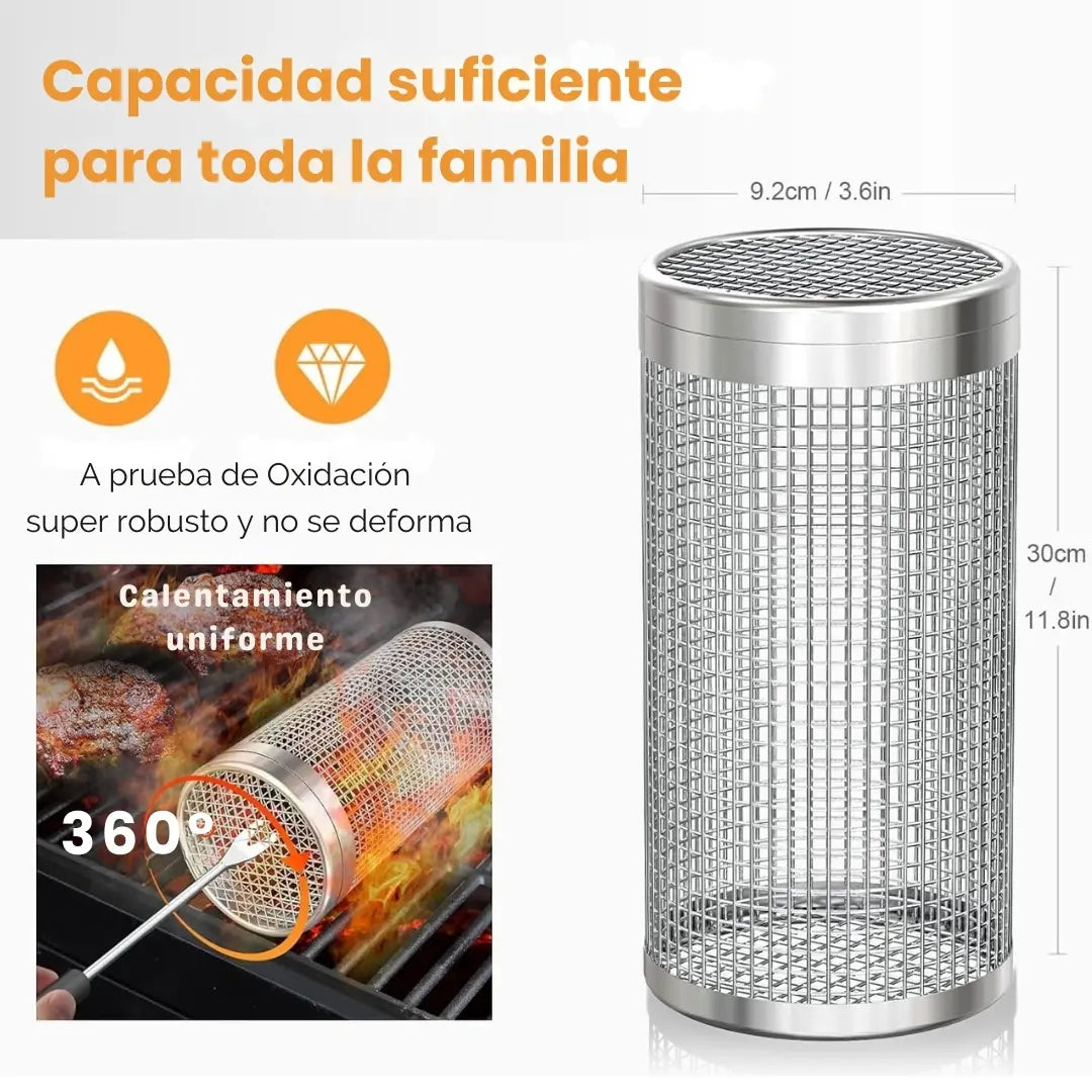 BBQ MAX® X2 JAULA GIRATORIA PARA ASADOS DE ACERO INOXIDABLE  + PINZA Y GANCHO ANTIQUEMADURAS