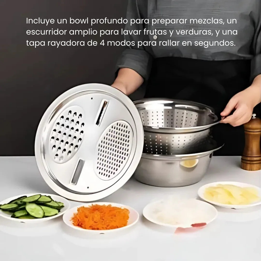 BOWLS 3EN1® SET DE BOWLS RAYADOR Y ESCURRIDO PARA VERDURAS Y FRUTAS