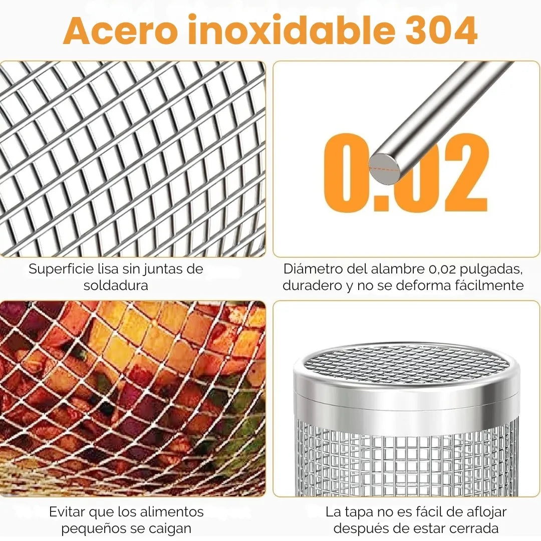 BBQ MAX® X2 JAULA GIRATORIA PARA ASADOS DE ACERO INOXIDABLE  + PINZA Y GANCHO ANTIQUEMADURAS