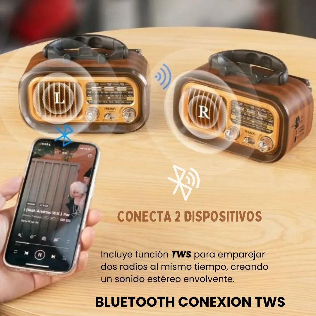 RETROSONIC® RADIO PARLANTE DE CARGA SOLAR Y BLUETOOTH TWS ESTILO VINTAGE RETRO