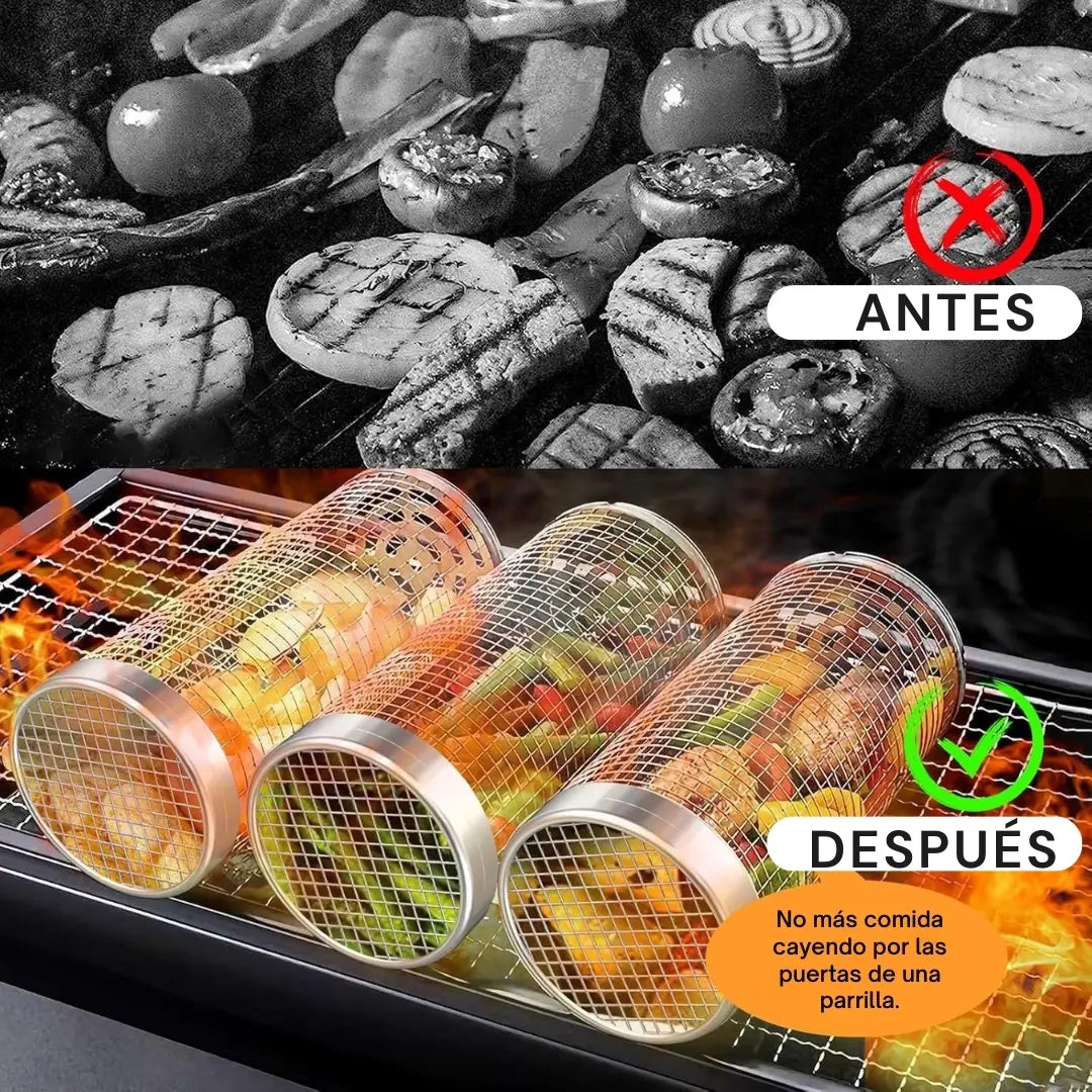 BBQ MAX® X2 JAULA GIRATORIA PARA ASADOS DE ACERO INOXIDABLE  + PINZA Y GANCHO ANTIQUEMADURAS