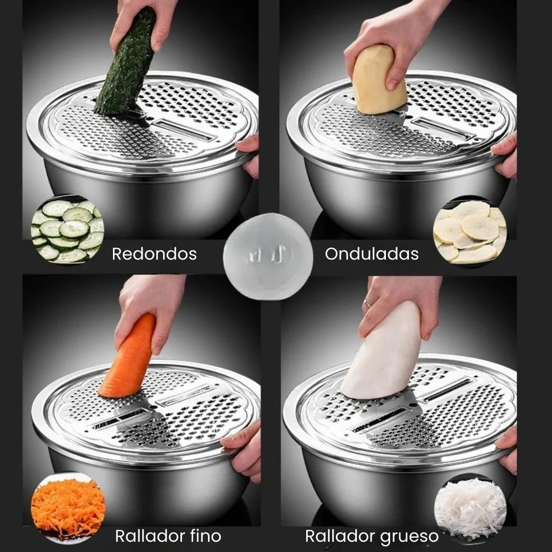 BOWLS 3EN1® SET DE BOWLS RAYADOR Y ESCURRIDO PARA VERDURAS Y FRUTAS