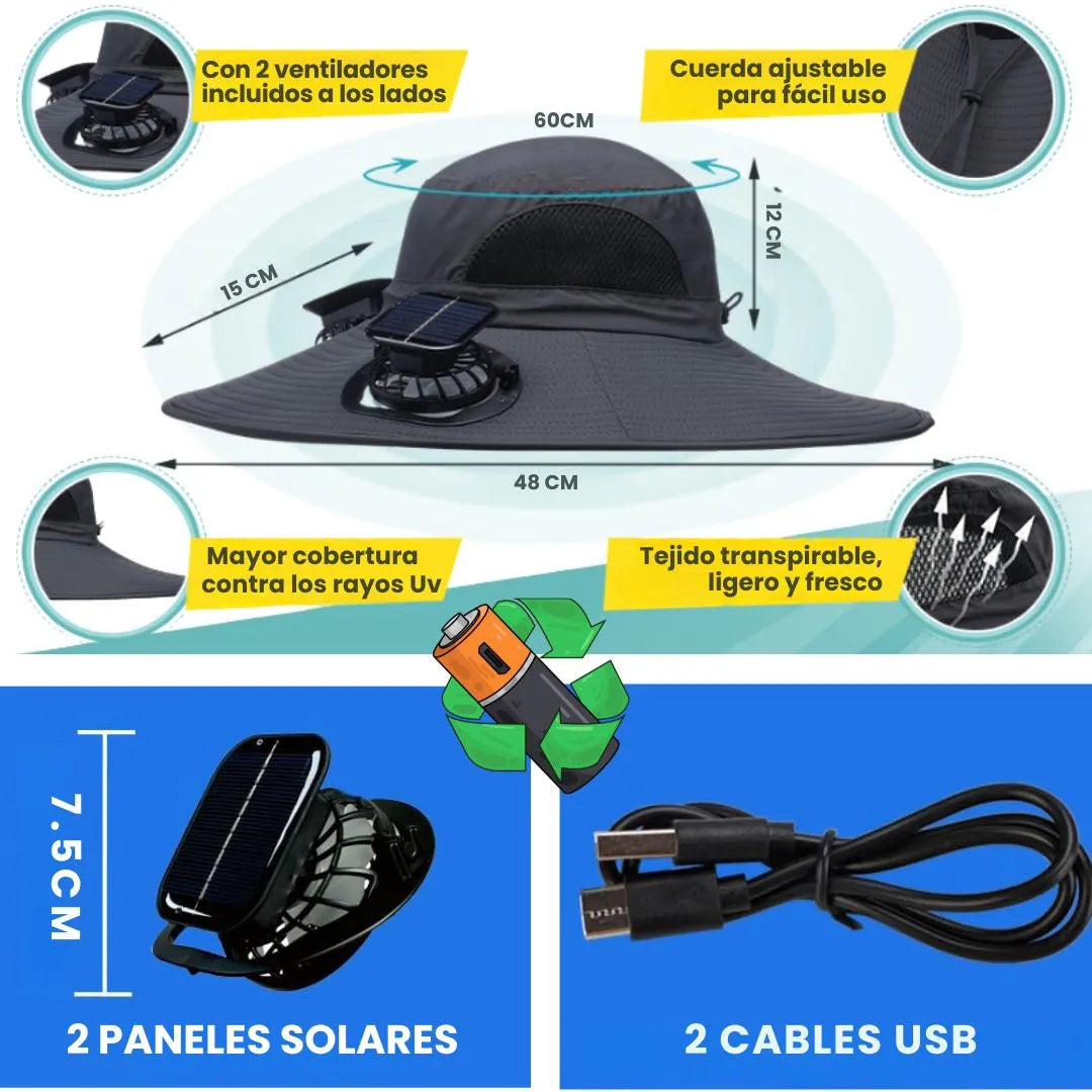 SOMBRERO FRESH® 2 VENTILADORES CON PANEL SOLAR