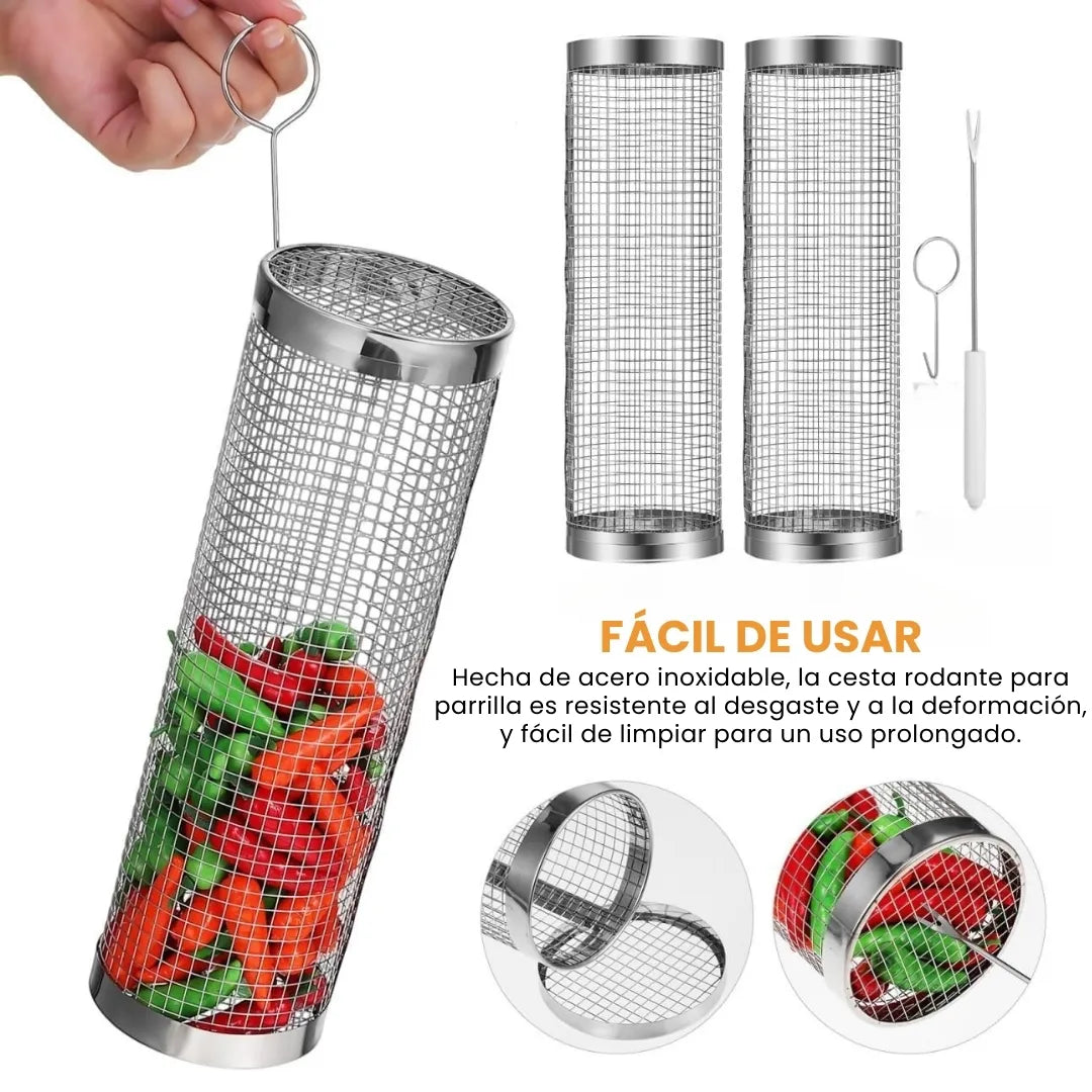 BBQ MAX® X2 JAULA GIRATORIA PARA ASADOS DE ACERO INOXIDABLE  + PINZA Y GANCHO ANTIQUEMADURAS