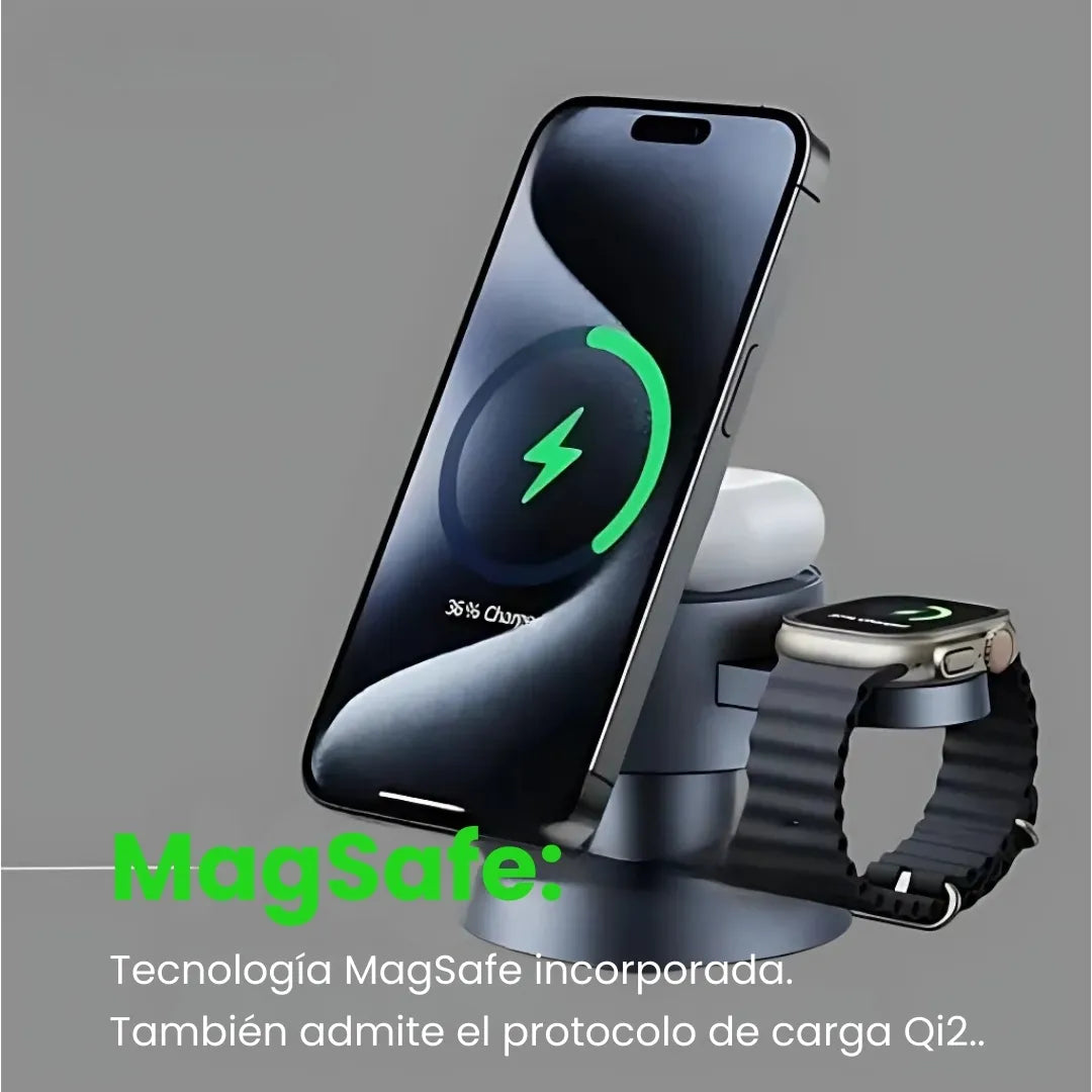 CARGAPRO® 4EN1 - CARGADOR UNIVERSAL MAGNETICO DE 3 PUESTOS CON LUZ LED, CARGA: MOVIL, WATCH, AIRPOD