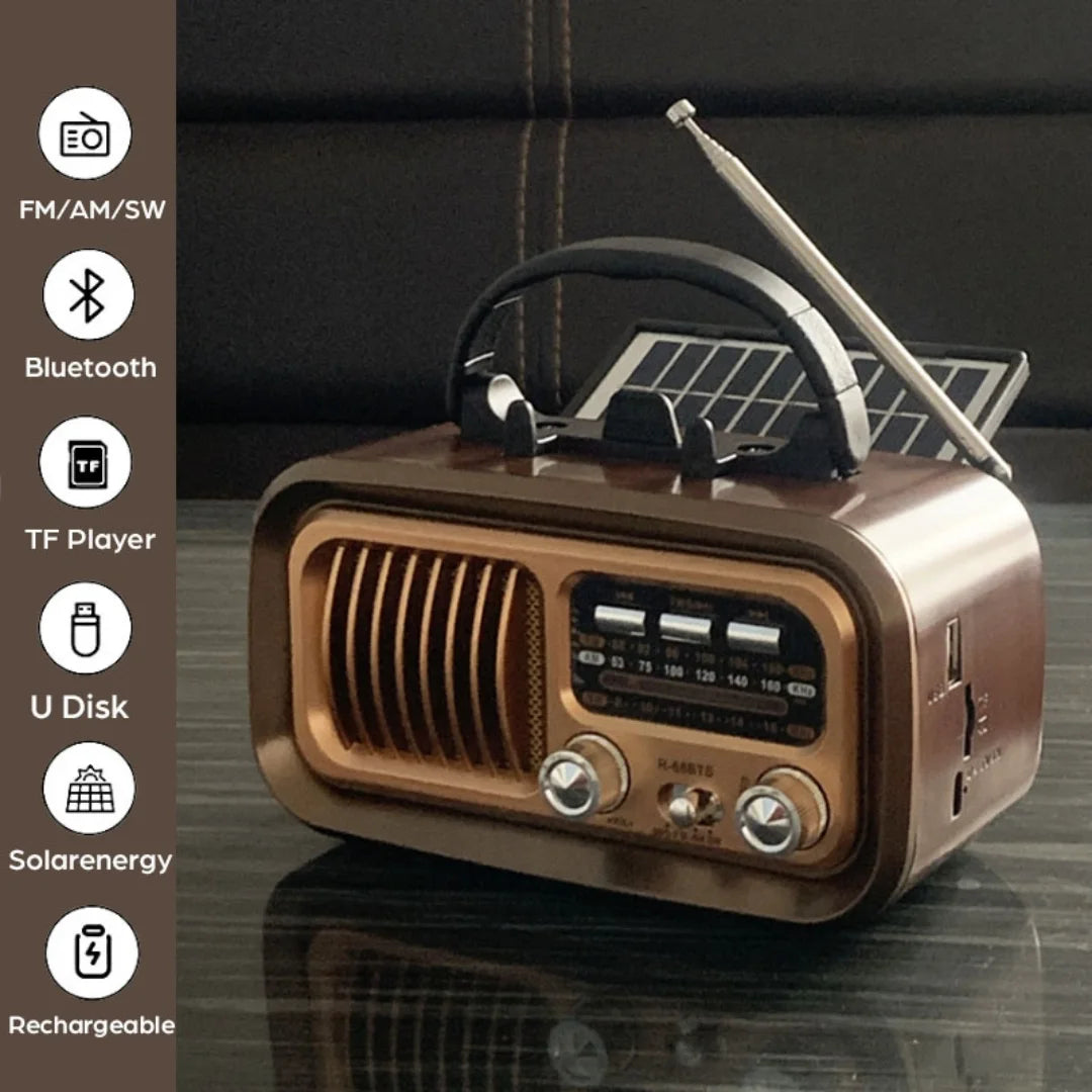 RETROSONIC® RADIO PARLANTE DE CARGA SOLAR Y BLUETOOTH TWS ESTILO VINTAGE RETRO