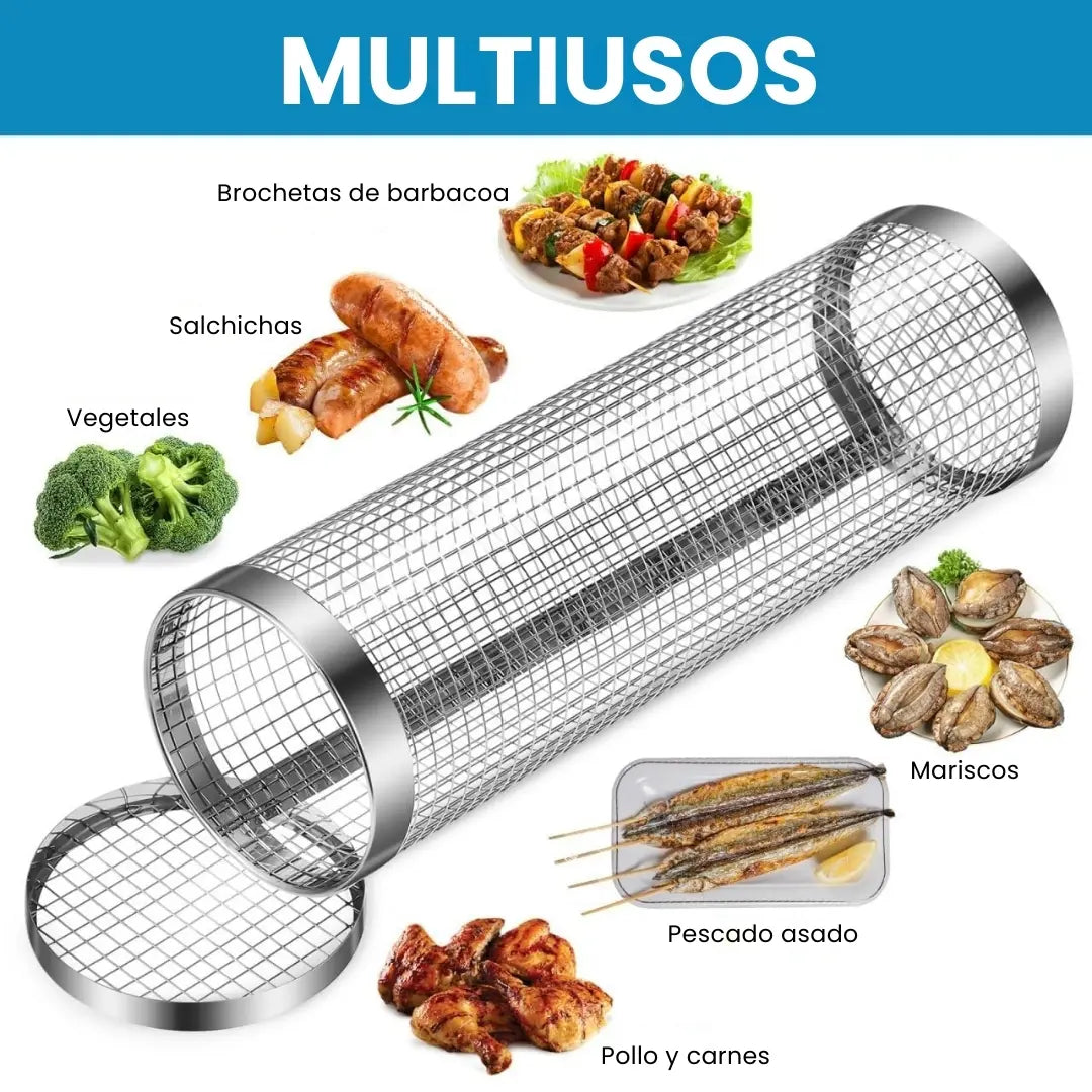BBQ MAX® X2 JAULA GIRATORIA PARA ASADOS DE ACERO INOXIDABLE  + PINZA Y GANCHO ANTIQUEMADURAS