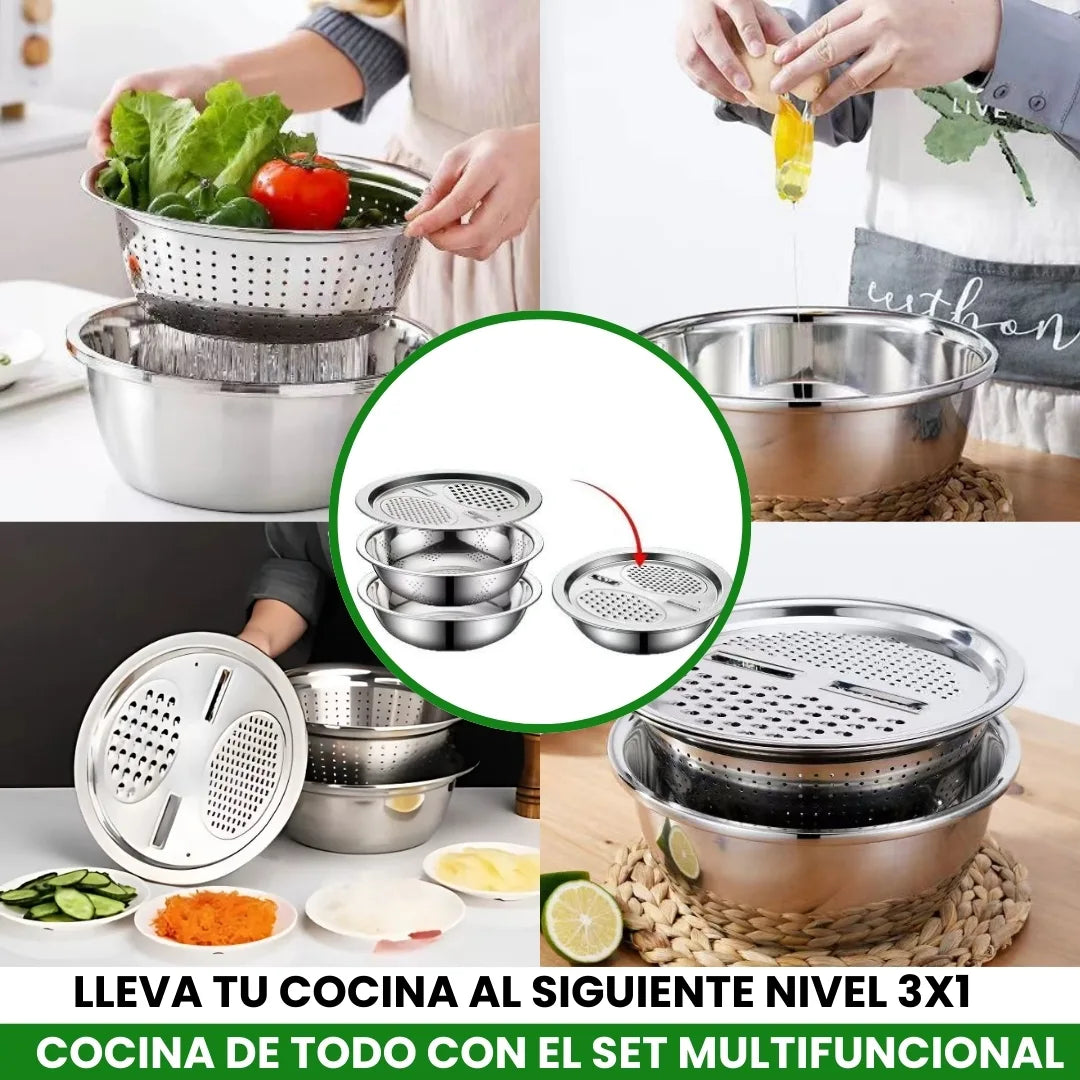 BOWLS 3EN1® SET DE BOWLS RAYADOR Y ESCURRIDO PARA VERDURAS Y FRUTAS