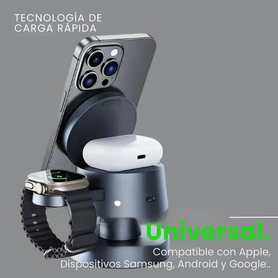 CARGAPRO® 4EN1 - CARGADOR UNIVERSAL MAGNETICO DE 3 PUESTOS CON LUZ LED, CARGA: MOVIL, WATCH, AIRPOD