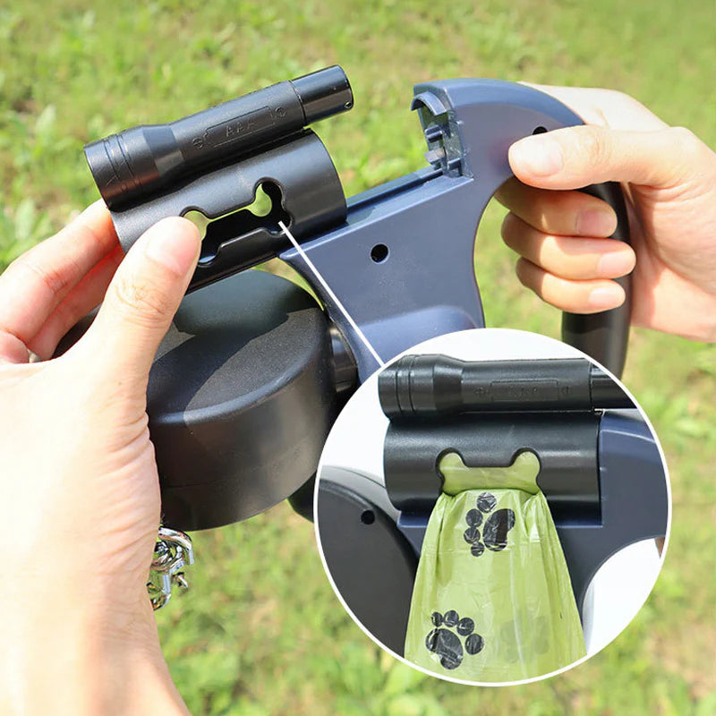 DUOPET® CORREA RETRÁCTIL: pasea 2 perros, sin enredos, con luz y bolsas siempre a mano