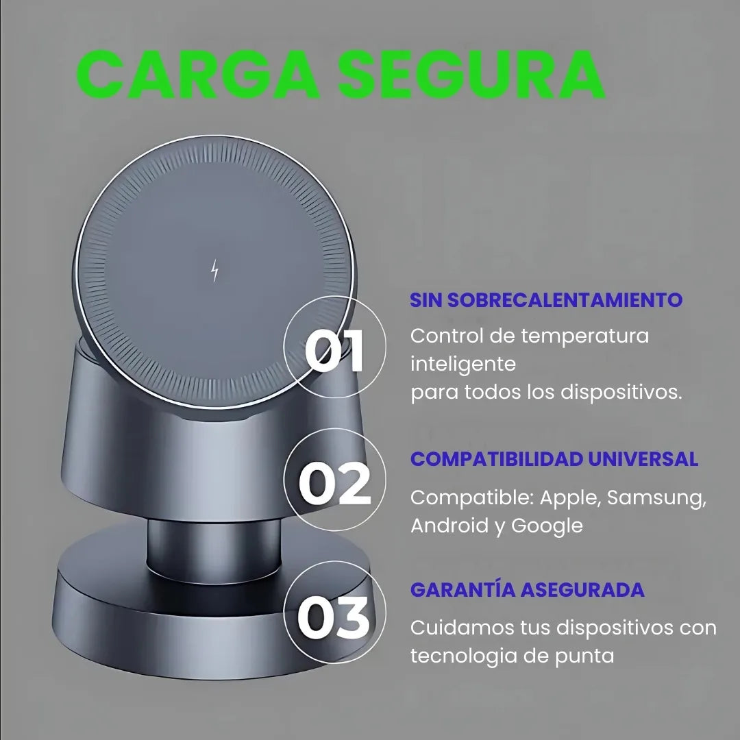 CARGAPRO® 4EN1 - CARGADOR UNIVERSAL MAGNETICO DE 3 PUESTOS CON LUZ LED, CARGA: MOVIL, WATCH, AIRPOD