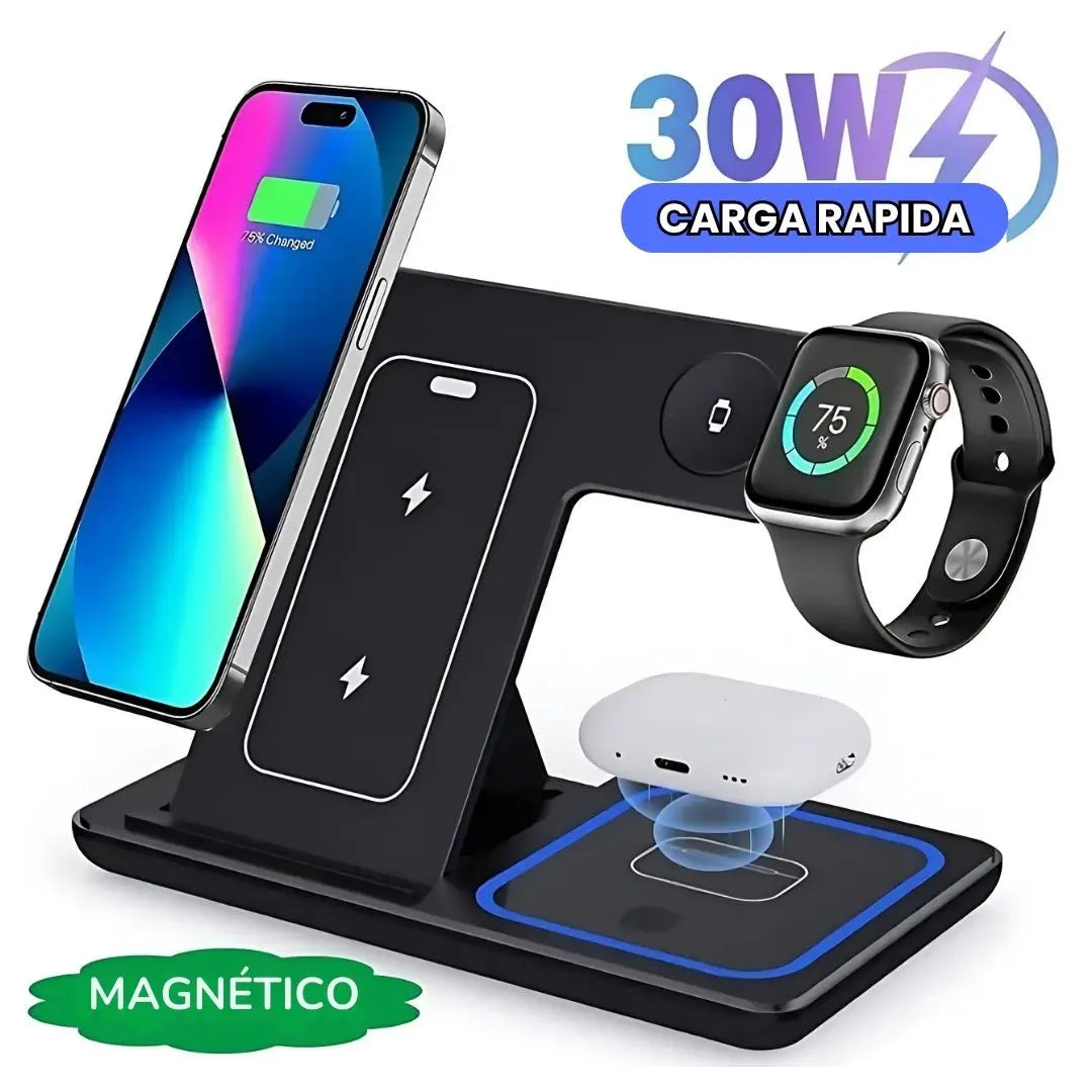 AGILITYPRO® CARGADOR INALAMBRICO MAGNETICO 3 EN 1, CARGA CELULAR, AIRPODS Y SMARTWATCH