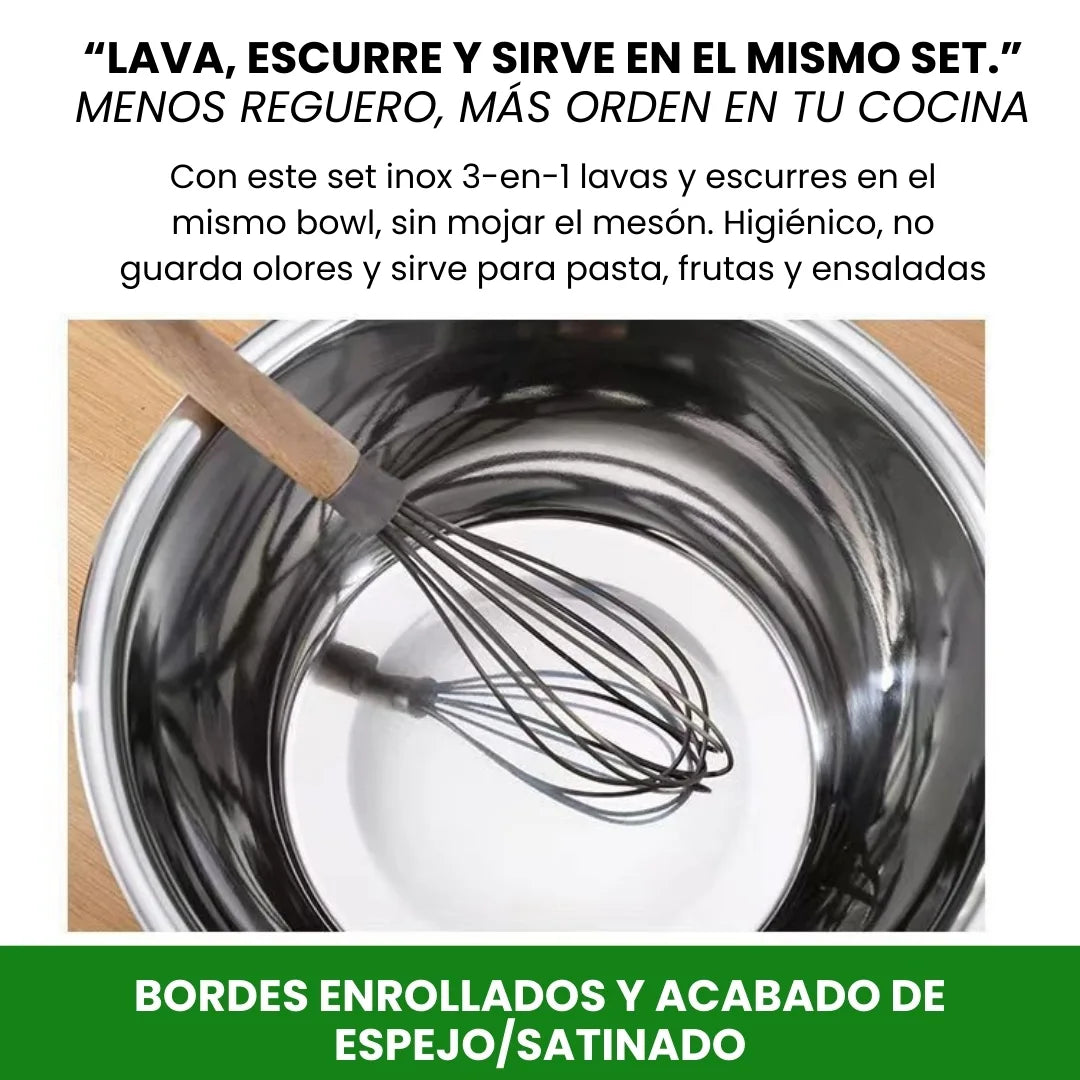 BOWLS 3EN1® SET DE BOWLS RAYADOR Y ESCURRIDO PARA VERDURAS Y FRUTAS