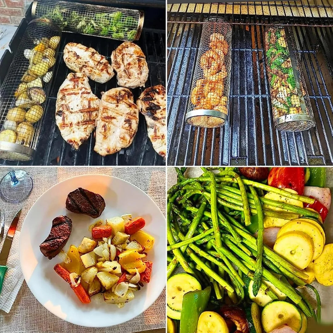 BBQ MAX® X2 JAULA GIRATORIA PARA ASADOS DE ACERO INOXIDABLE  + PINZA Y GANCHO ANTIQUEMADURAS