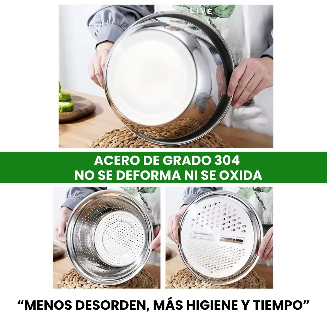 BOWLS 3EN1® SET DE BOWLS RAYADOR Y ESCURRIDO PARA VERDURAS Y FRUTAS