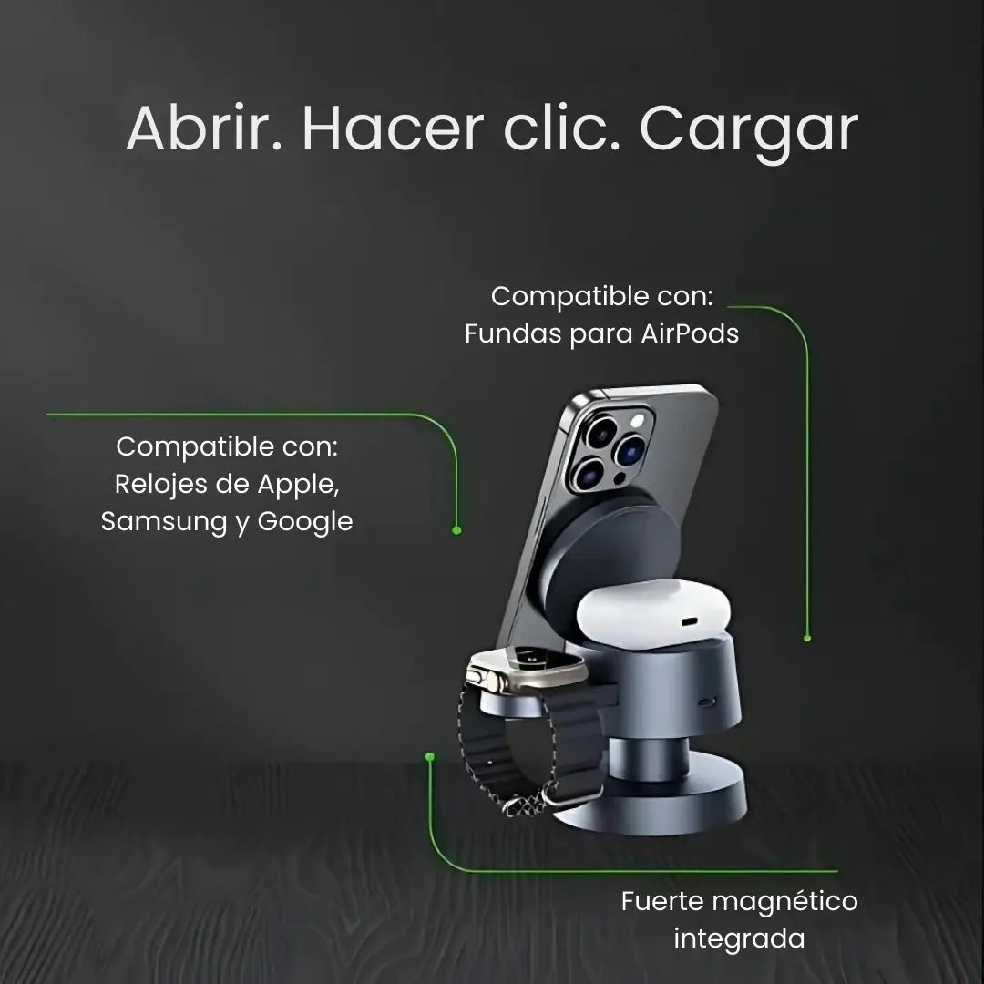 CARGAPRO® 4EN1 - CARGADOR UNIVERSAL MAGNETICO DE 3 PUESTOS CON LUZ LED, CARGA: MOVIL, WATCH, AIRPOD