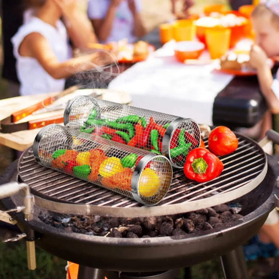 BBQ MAX® X2 JAULA GIRATORIA PARA ASADOS DE ACERO INOXIDABLE  + PINZA Y GANCHO ANTIQUEMADURAS