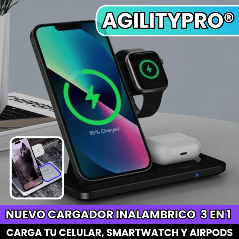 AGILITYPRO® CARGADOR INALAMBRICO MAGNETICO 3 EN 1, CARGA CELULAR, AIRPODS Y SMARTWATCH