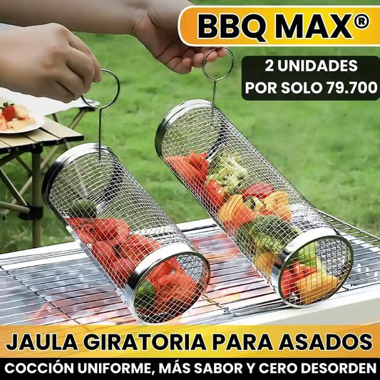 BBQ MAX® X2 JAULA GIRATORIA PARA ASADOS DE ACERO INOXIDABLE  + PINZA Y GANCHO ANTIQUEMADURAS