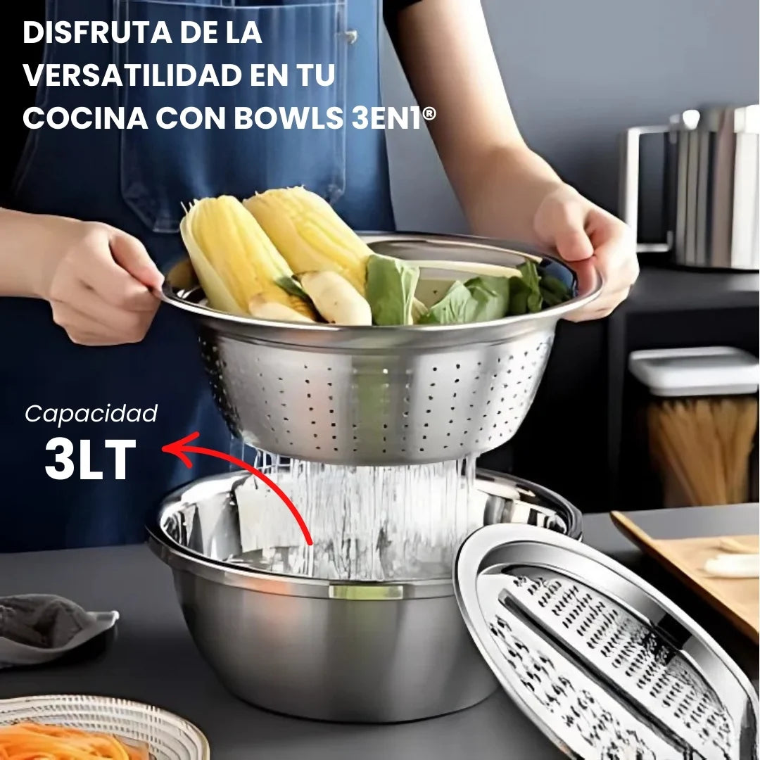 BOWLS 3EN1® SET DE BOWLS RAYADOR Y ESCURRIDO PARA VERDURAS Y FRUTAS