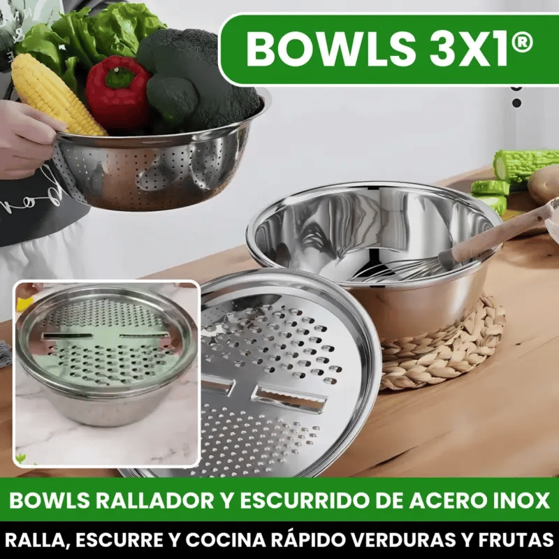 BOWLS 3EN1® SET DE BOWLS RAYADOR Y ESCURRIDO PARA VERDURAS Y FRUTAS