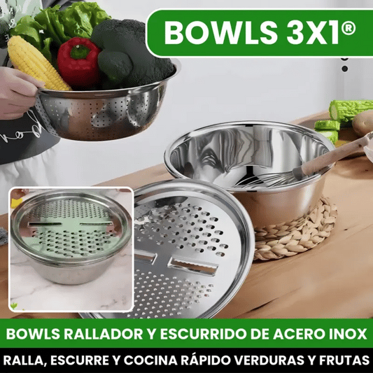 BOWLS 3EN1® SET DE BOWLS RAYADOR Y ESCURRIDO PARA VERDURAS Y FRUTAS