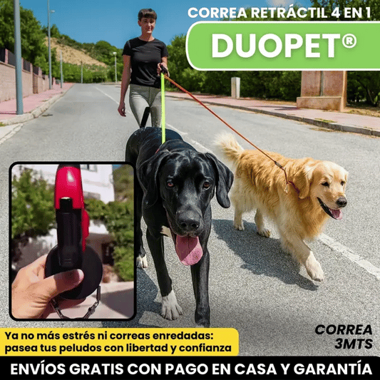 DUOPET® CORREA RETRÁCTIL: pasea 2 perros, sin enredos, con luz y bolsas siempre a mano
