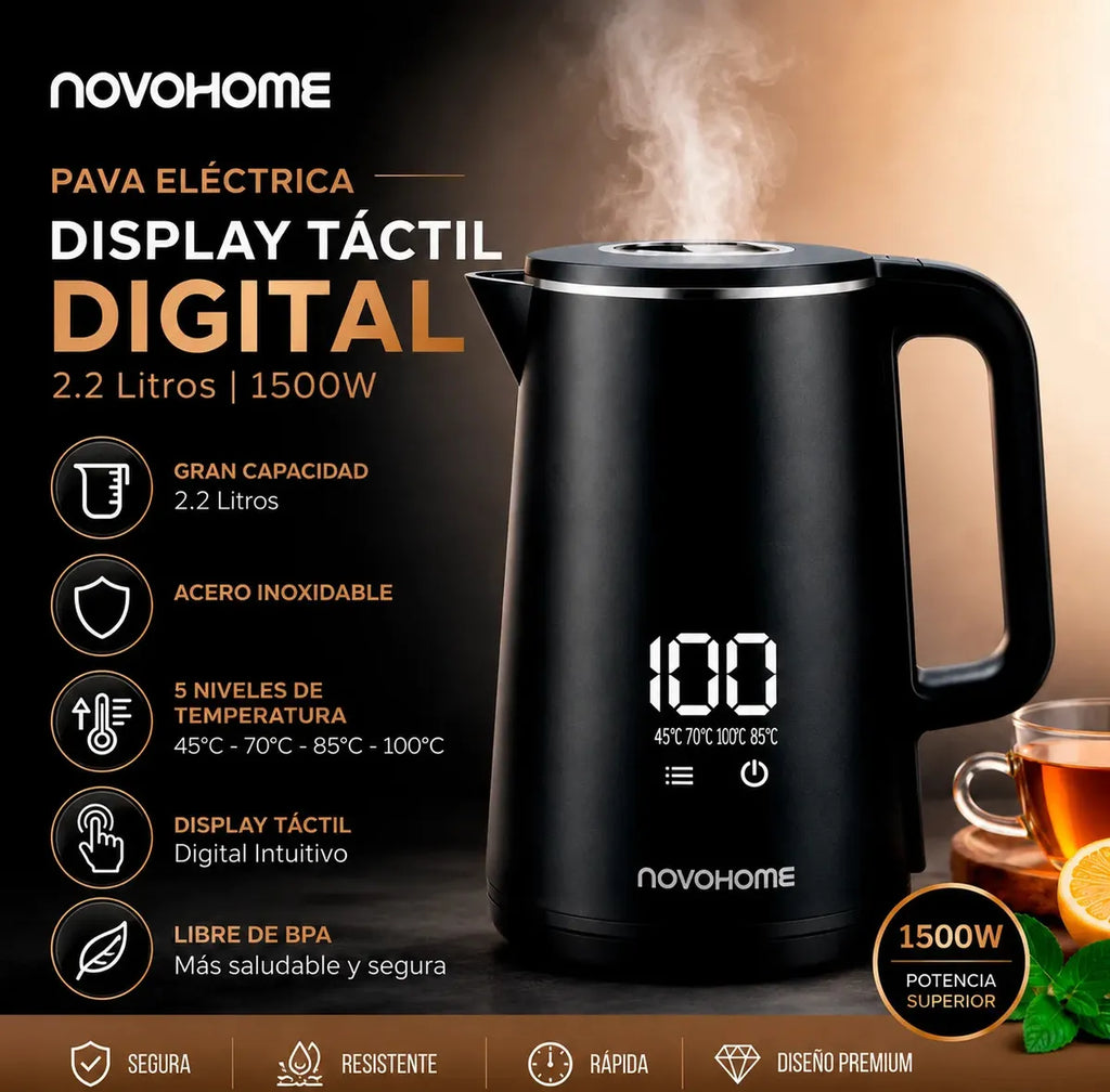 Pava Eléctrica Digital Novohome 2 Litros Pantalla Tactil Color Negro