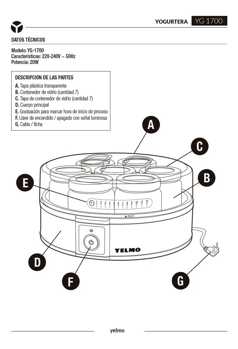 Yogurtera Fabrica De Yogurt Yelmo Yg-1700 7 Jarros Tapas De Colores