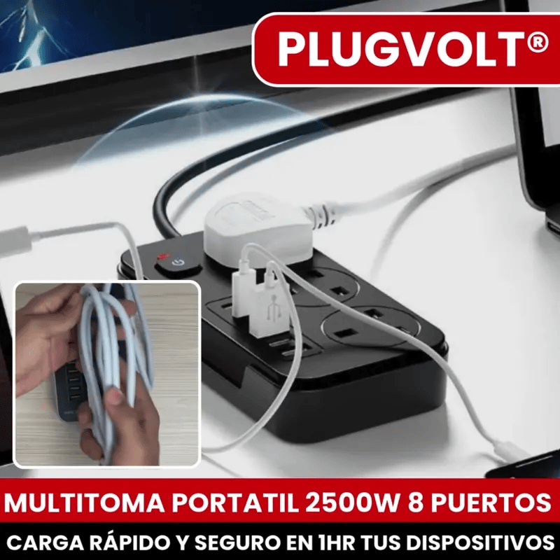 PLUGVOLT® MULTITOMA PORTATIL 2500W 8 ENTRADAS 4 PUERTOS USB MULTIFUNCIONAL Y UNIVERSAL