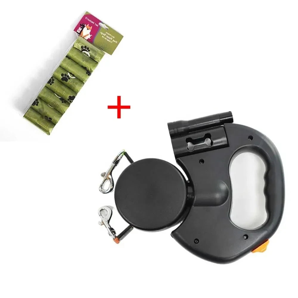 DUOPET® CORREA RETRÁCTIL: pasea 2 perros, sin enredos, con luz y bolsas siempre a mano