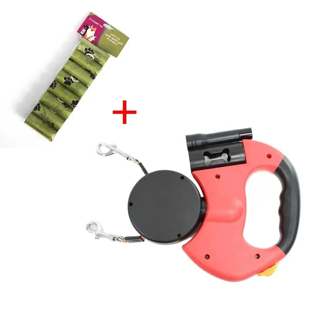 DUOPET® CORREA RETRÁCTIL: pasea 2 perros, sin enredos, con luz y bolsas siempre a mano