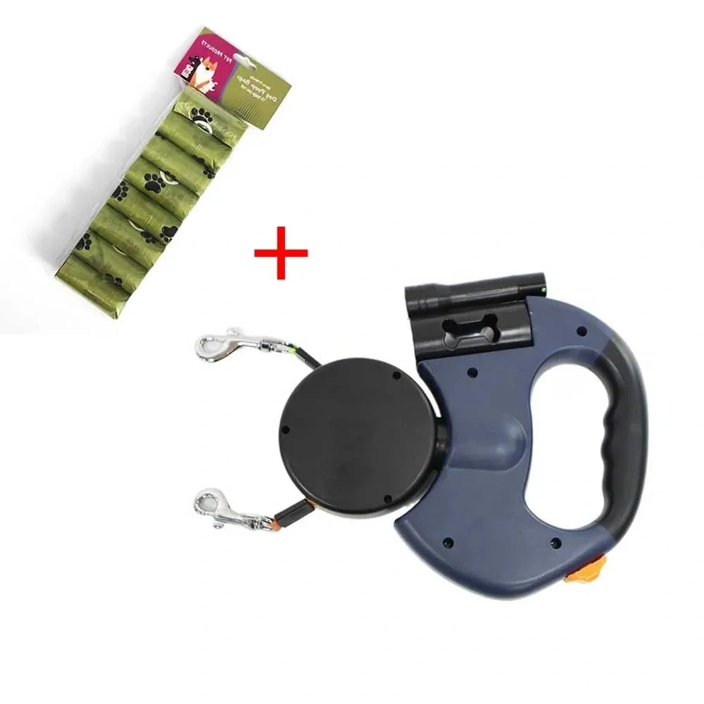 DUOPET® CORREA RETRÁCTIL: pasea 2 perros, sin enredos, con luz y bolsas siempre a mano